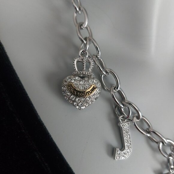 VTG Juicy Couture Necklace Y2K Pave Crystals Heart Lock Crown Charm Silver Tone - Picture 8 of 14